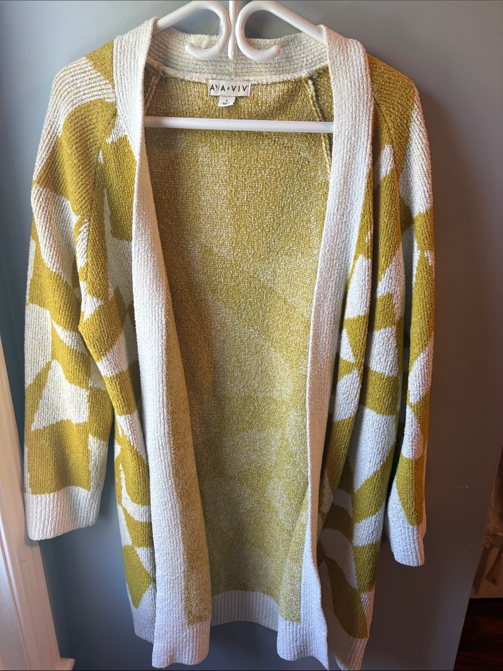 Ava & Viv Mustard and Cream Colorblock Open Cardigan